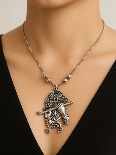 Premium Oxidised Krishna Flute Pendant Necklace – Silver Tone Statement Jewellery
